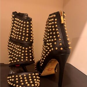 Black Studded High Heel Sandals with Gold Accents